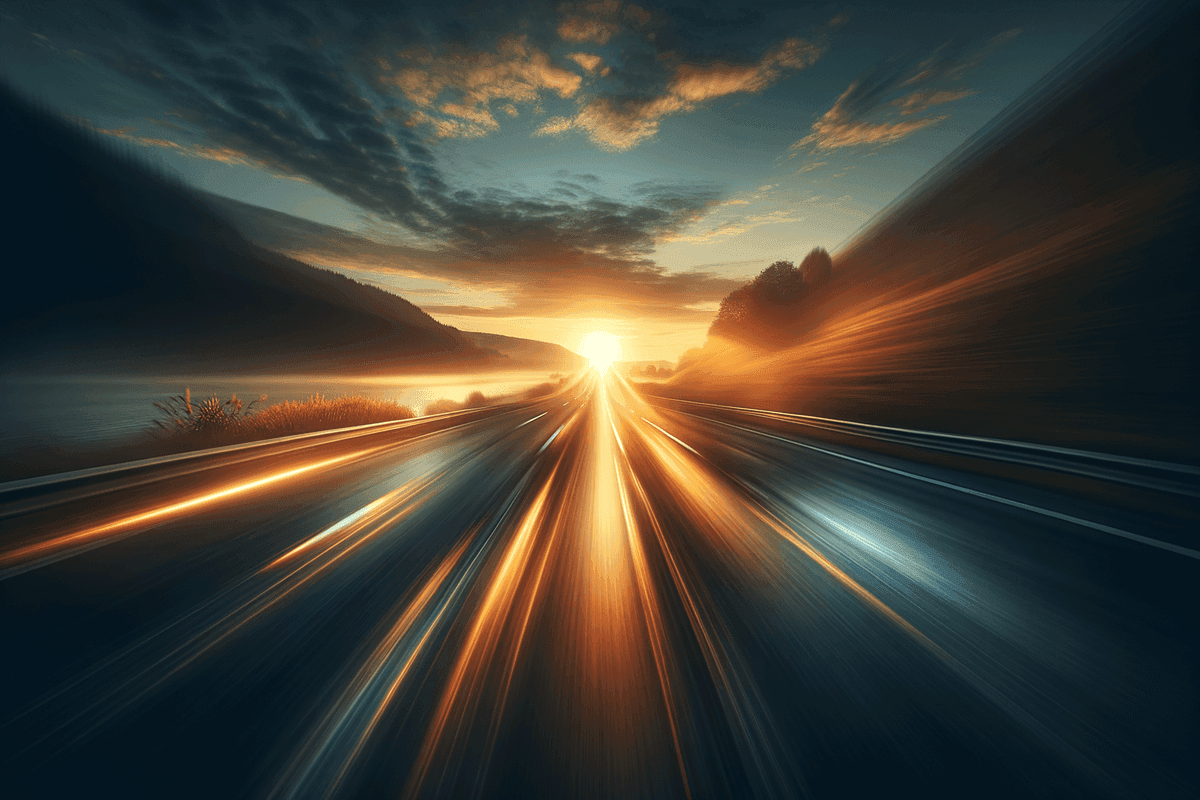 Golden light accelerating forward through an open road at dawn representing rapid manifestation momentum