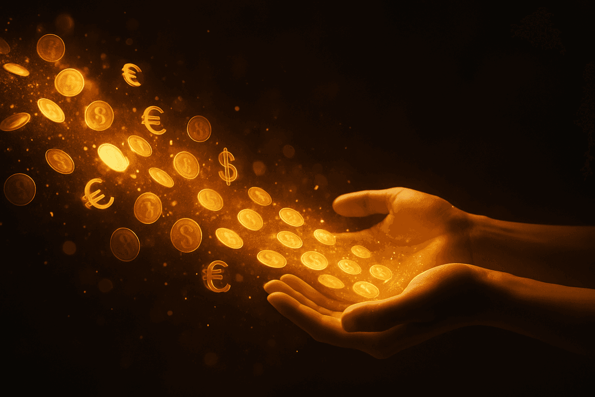 Golden coins and sunlight with an open journal, mind movies for money and financial abundance