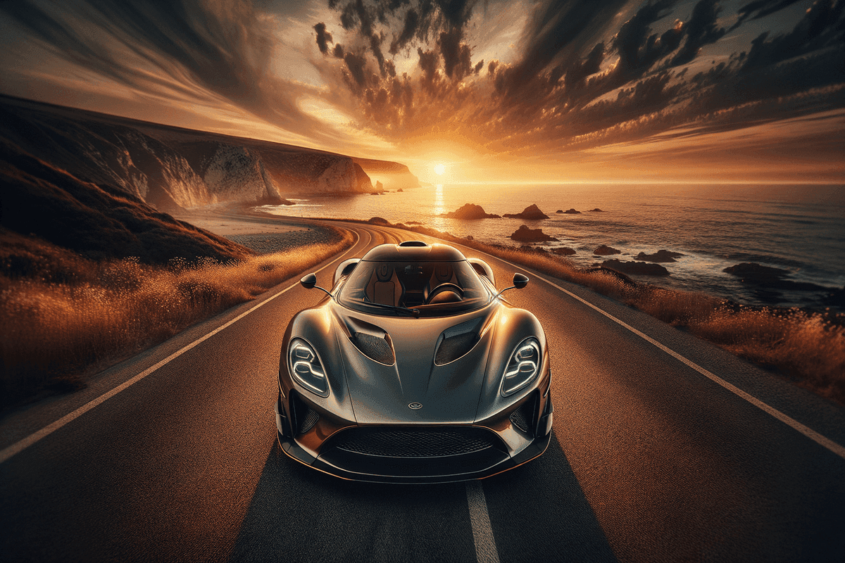 Dream car gleaming in golden sunset light on an open road representing manifested desire