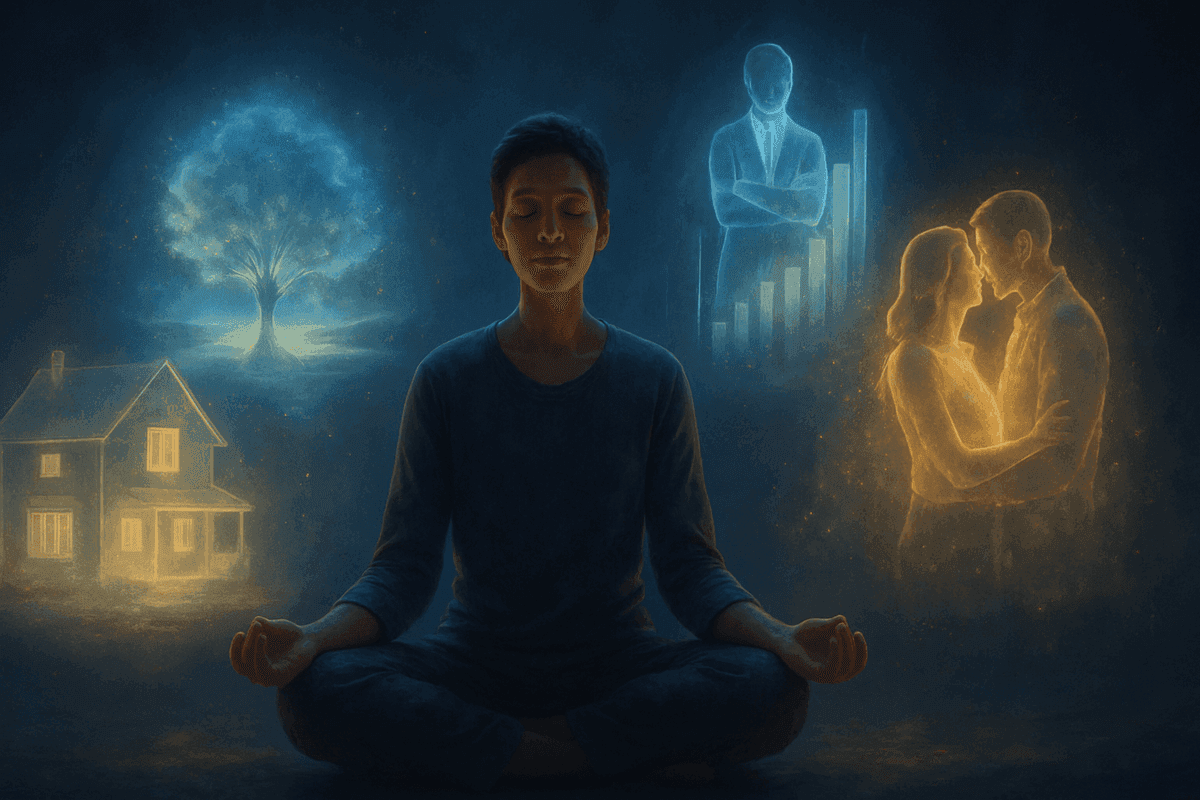 Person in deep meditation with glowing visualization imagery, manifestation vs visualization