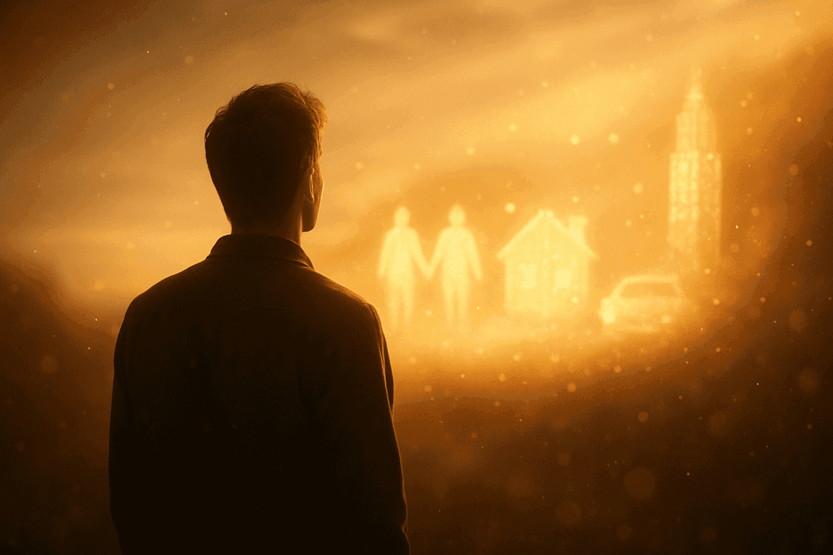 A person gazing toward a glowing golden vision of their future taking shape in the light: a partner, a home, a city