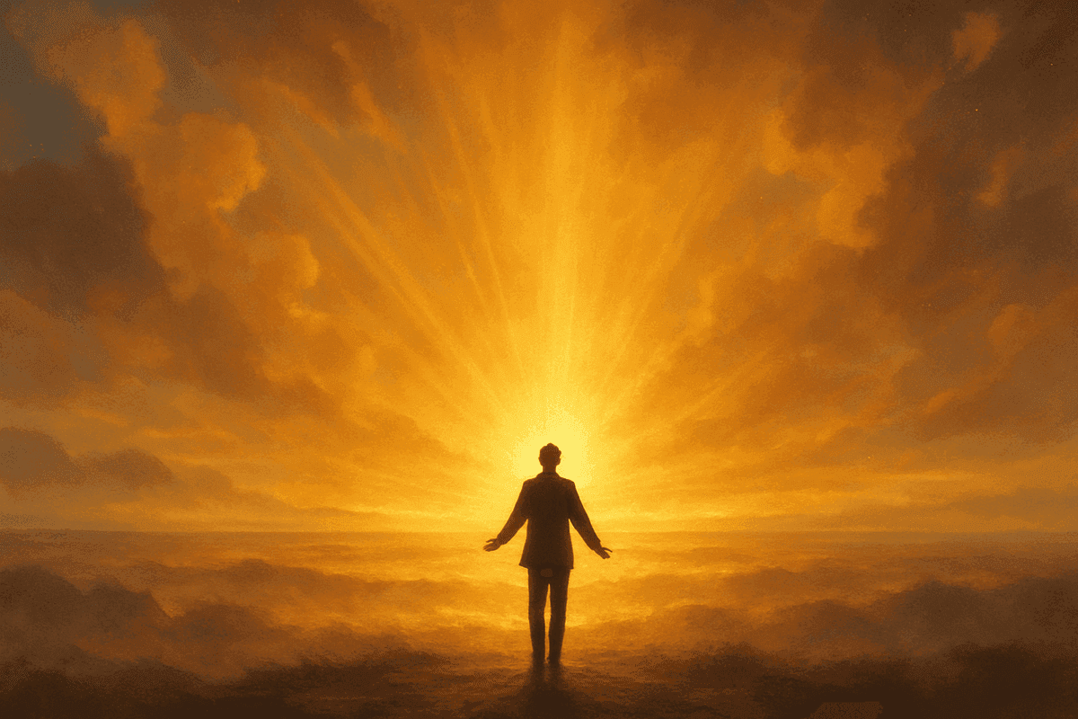 Person standing at the edge of a glowing horizon with arms open, golden light streaming toward them
