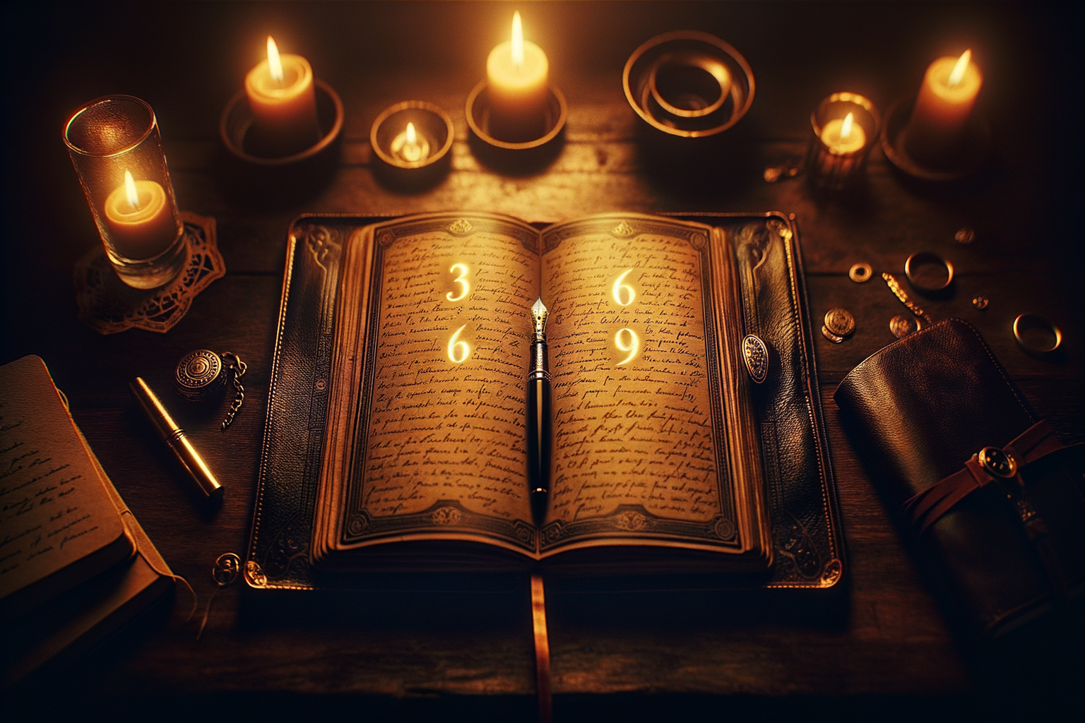 Open journal with 3-6-9 glowing sections of golden handwriting and a fountain pen