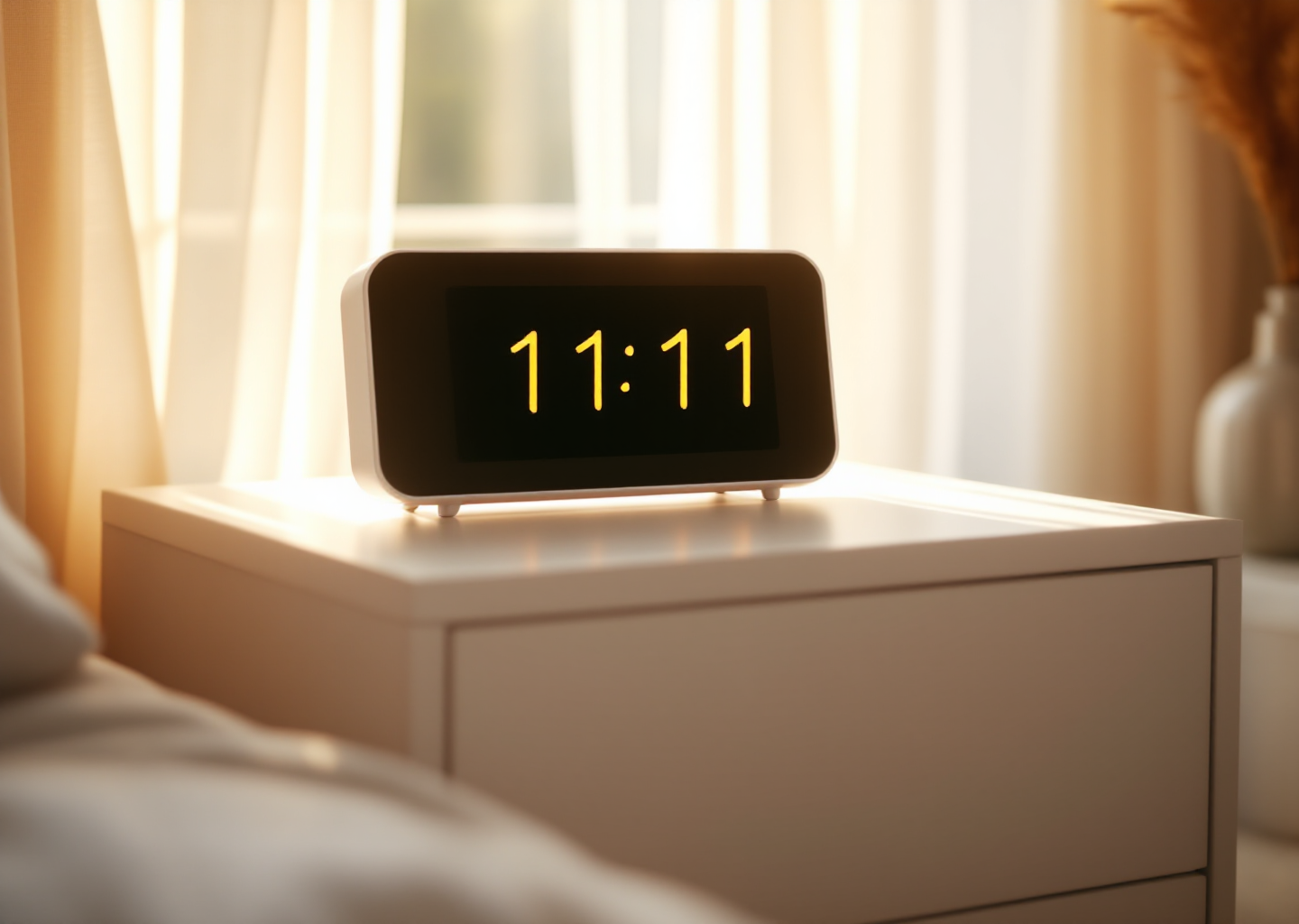 Digital clock showing 11:11 on a nightstand bathed in warm golden morning light