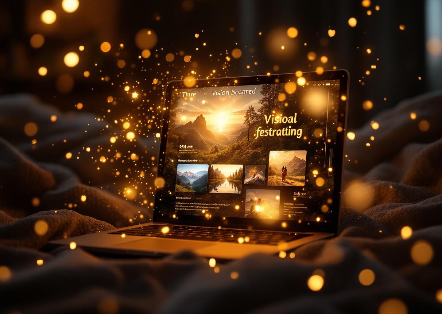 Dynamic vision board video playing on a laptop with affirmations and inspiring imagery